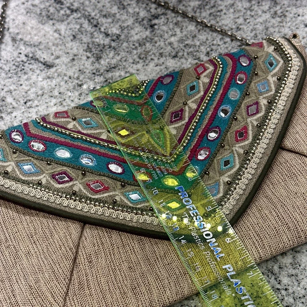 Chicos Jerri Clutch Embellished Embroidered Chain Bag‎ Turquoise Tan Boho Chic